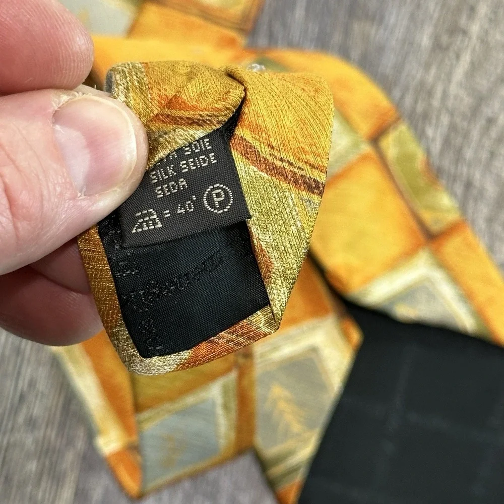 Ermenegildo Zegna 100% Silk‎ Tie Geometric Square Pattern Gold Orange Gray Italy